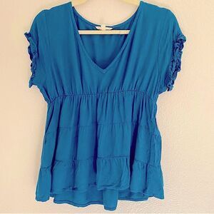 Anthropologie Sim & Sam teal aqua blue v neck coastal beach blouse flounce top L